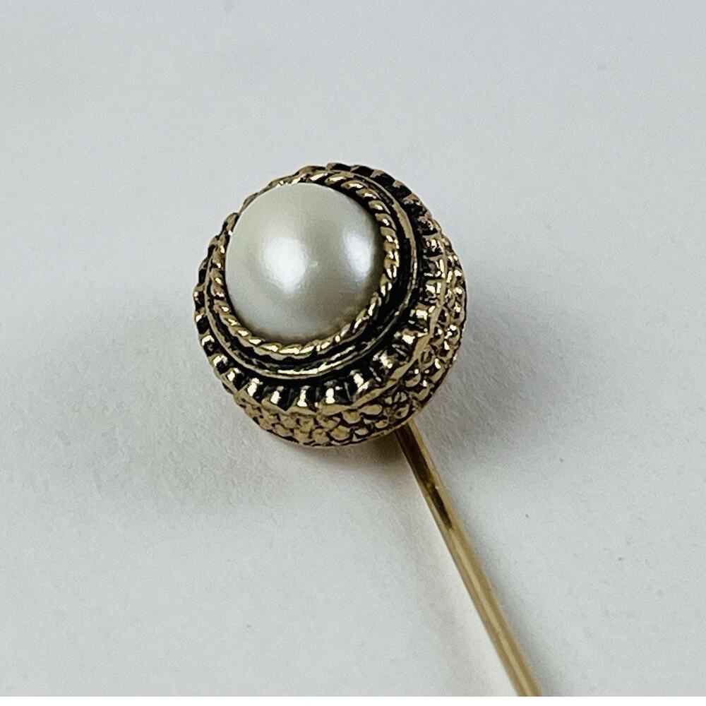 Vintage Sarah Coventry Stick Pin Faux Pearl Oval Goldtone 3" Hatpin Brooch Hat